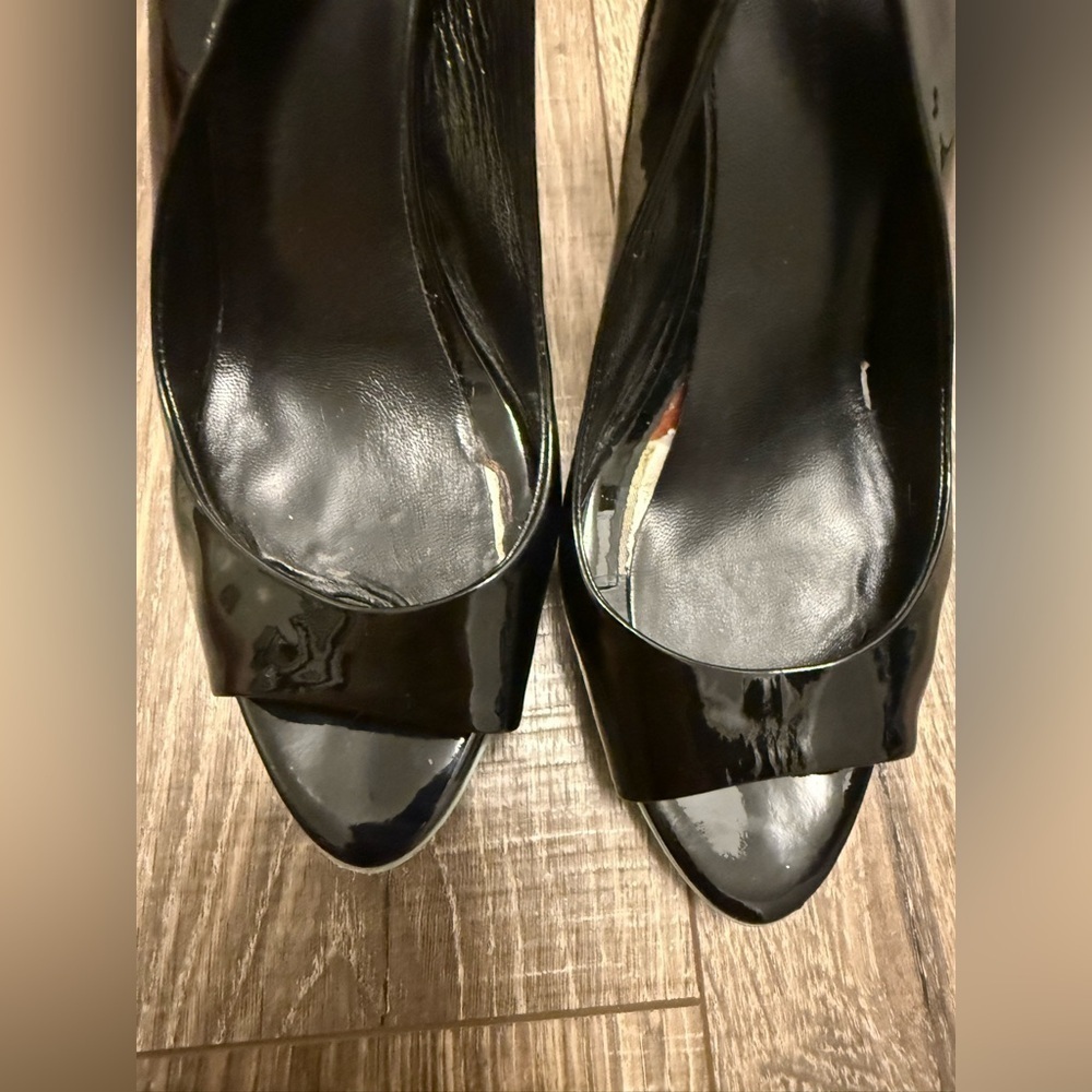 Balenciaga Paris Women’s Black Teal Patent Leather Peep Toe Heels Size 39 - Picture 4 of 8